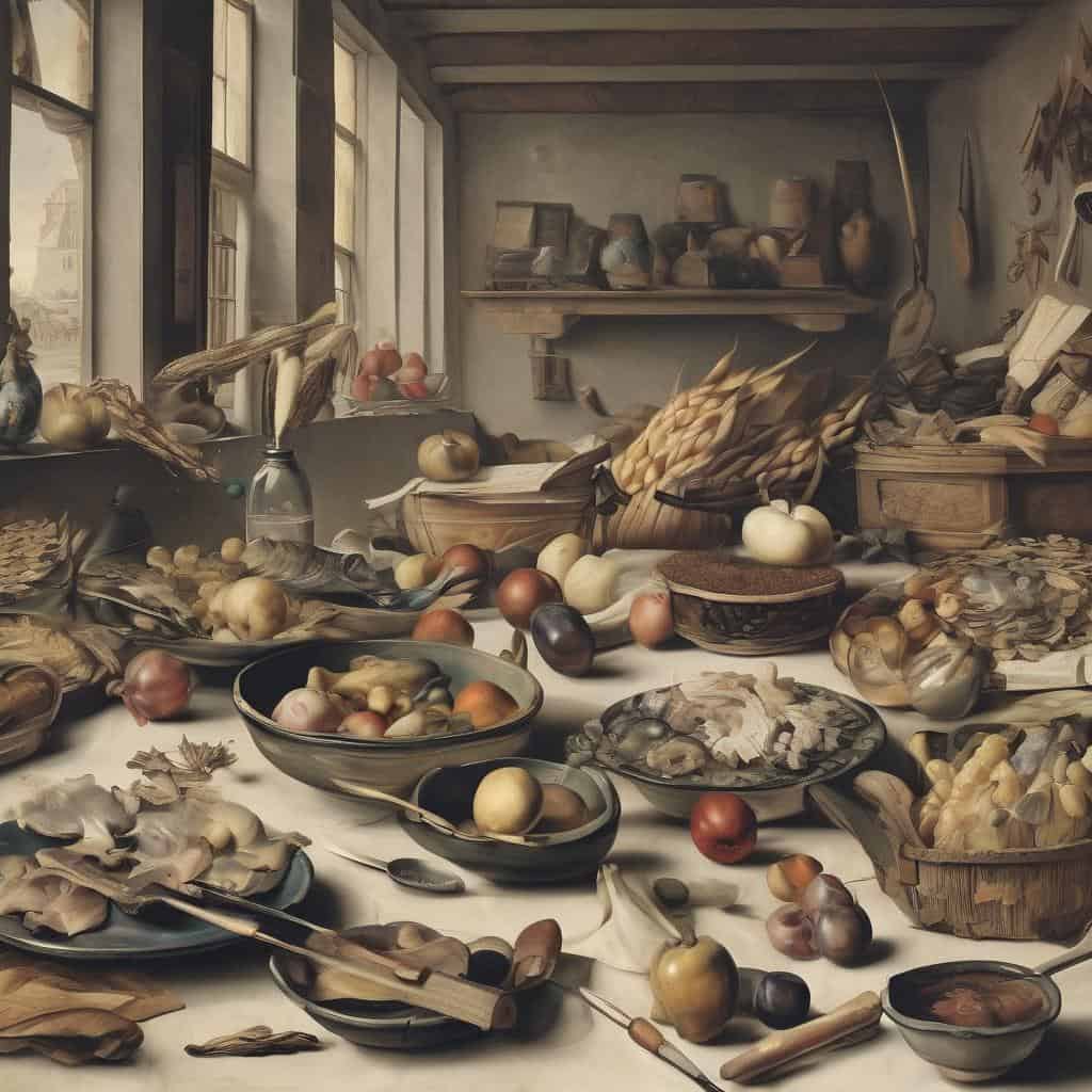 Λιθογραφία σύγχρονης τέχνης με φυσικές δημιουργίες και αφηρημένα στοιχεία.