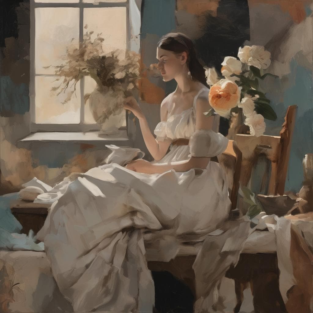 Απαλή νεανική γυναίκα σε εσωτερικό χώρο με λουλούδια, καλλιτεχνική σύγχρονη ζωγραφική.