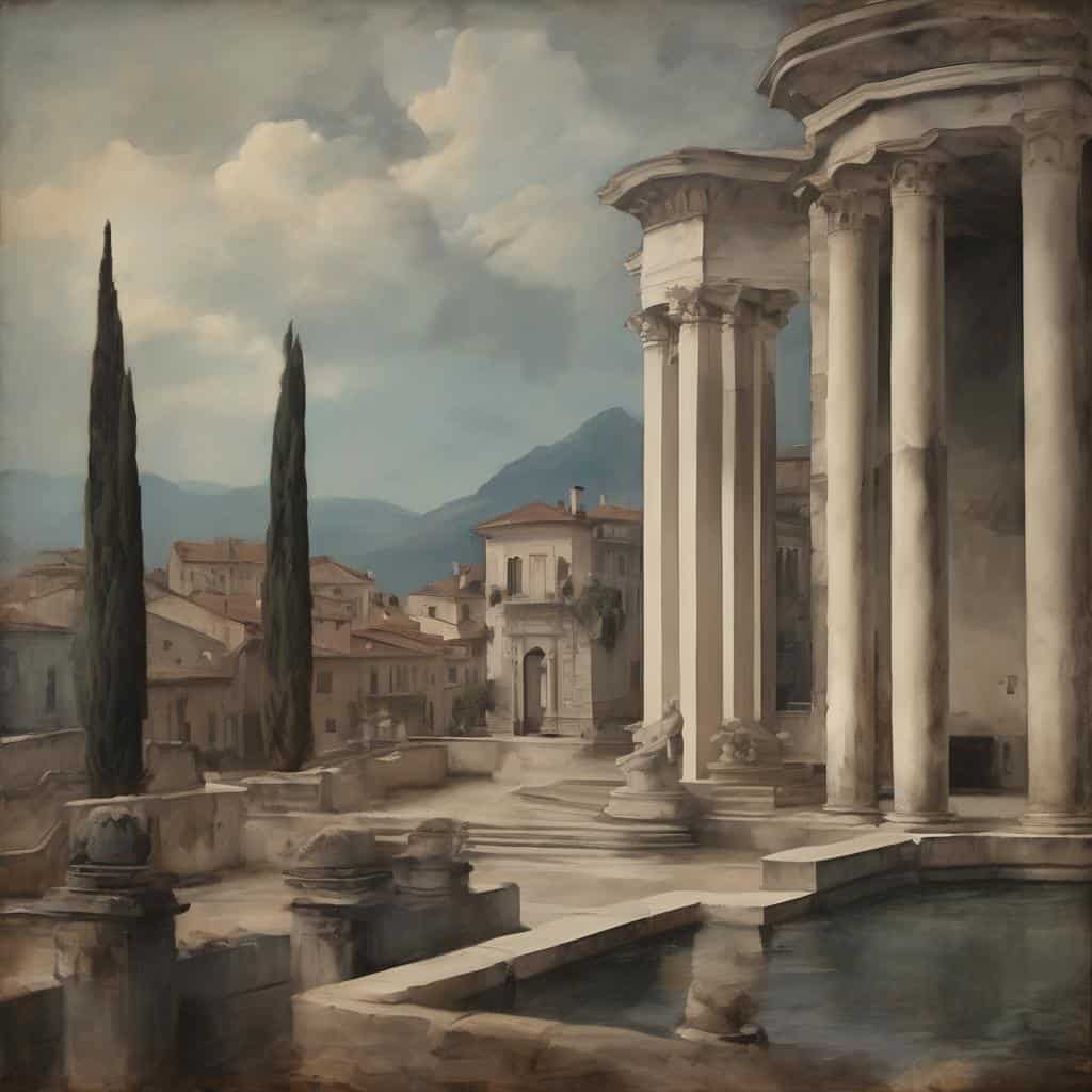 Παραδοσιακή αρχιτεκτονική με κολόνες και κυπαρίσσια σε σύγχρονη τέχνη, ευρωπαϊκή έμπνευση και καινοτόμες δημιουργίες.